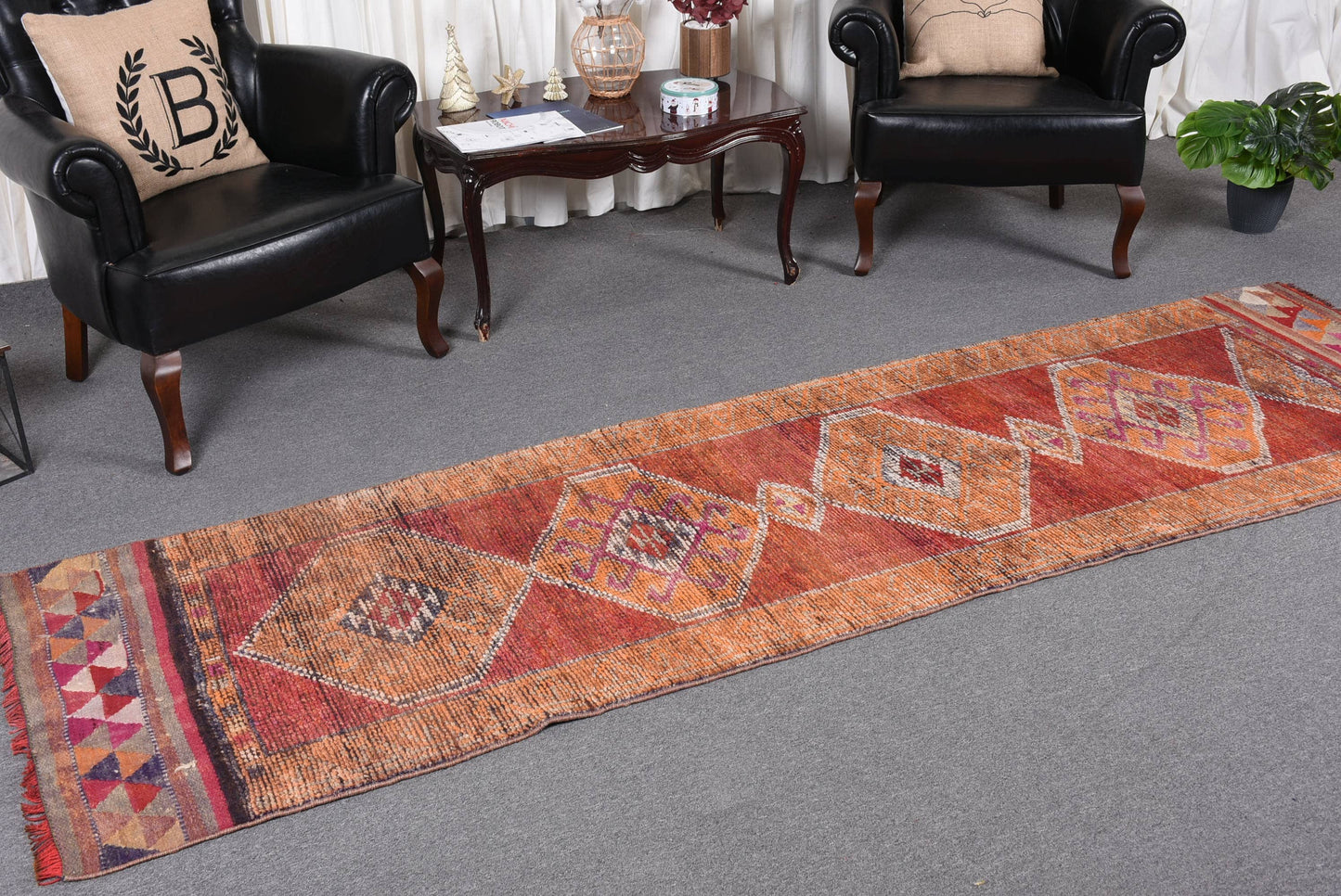 Handmade Orange Geometric Rug, 2.7x9.7 Ft Classic Area Rug