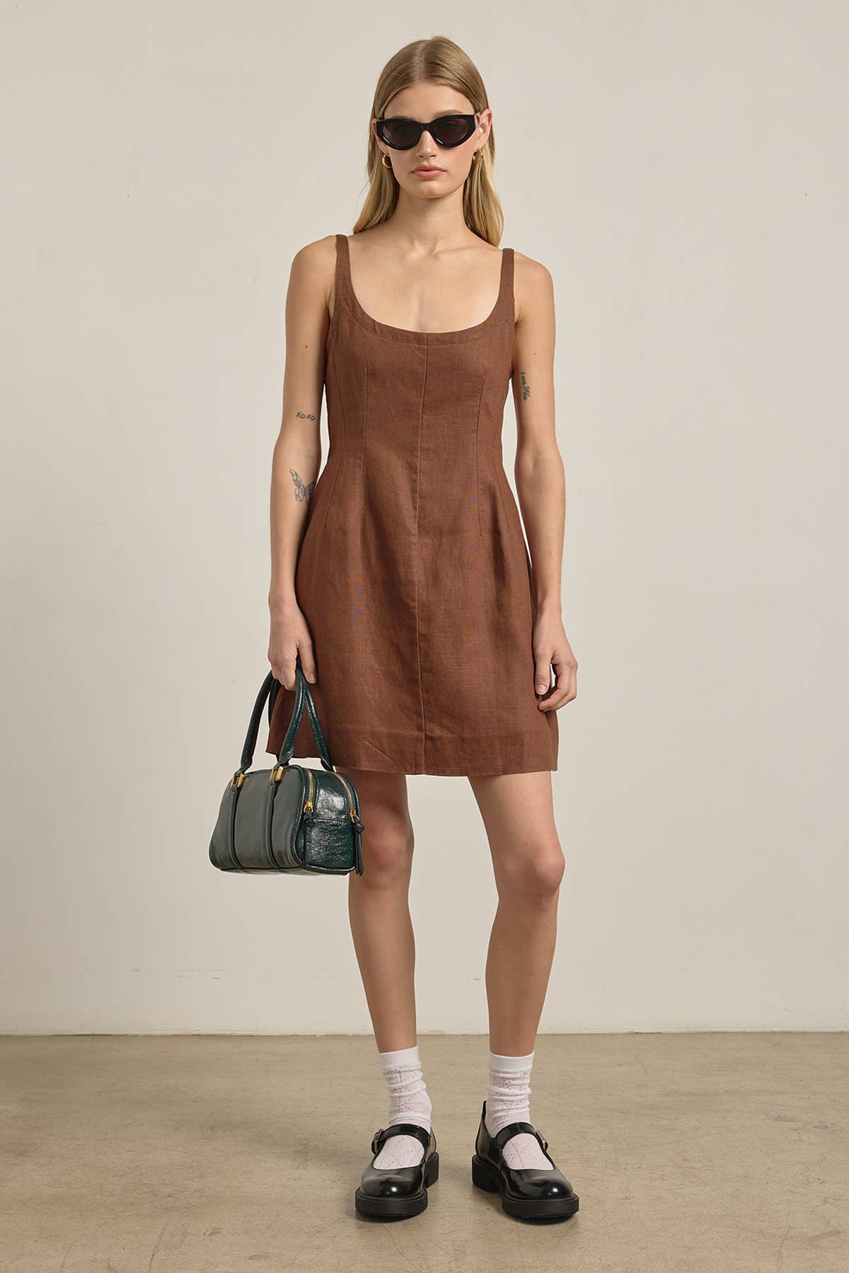 Linen Square Neck Mini Dress - BROWN