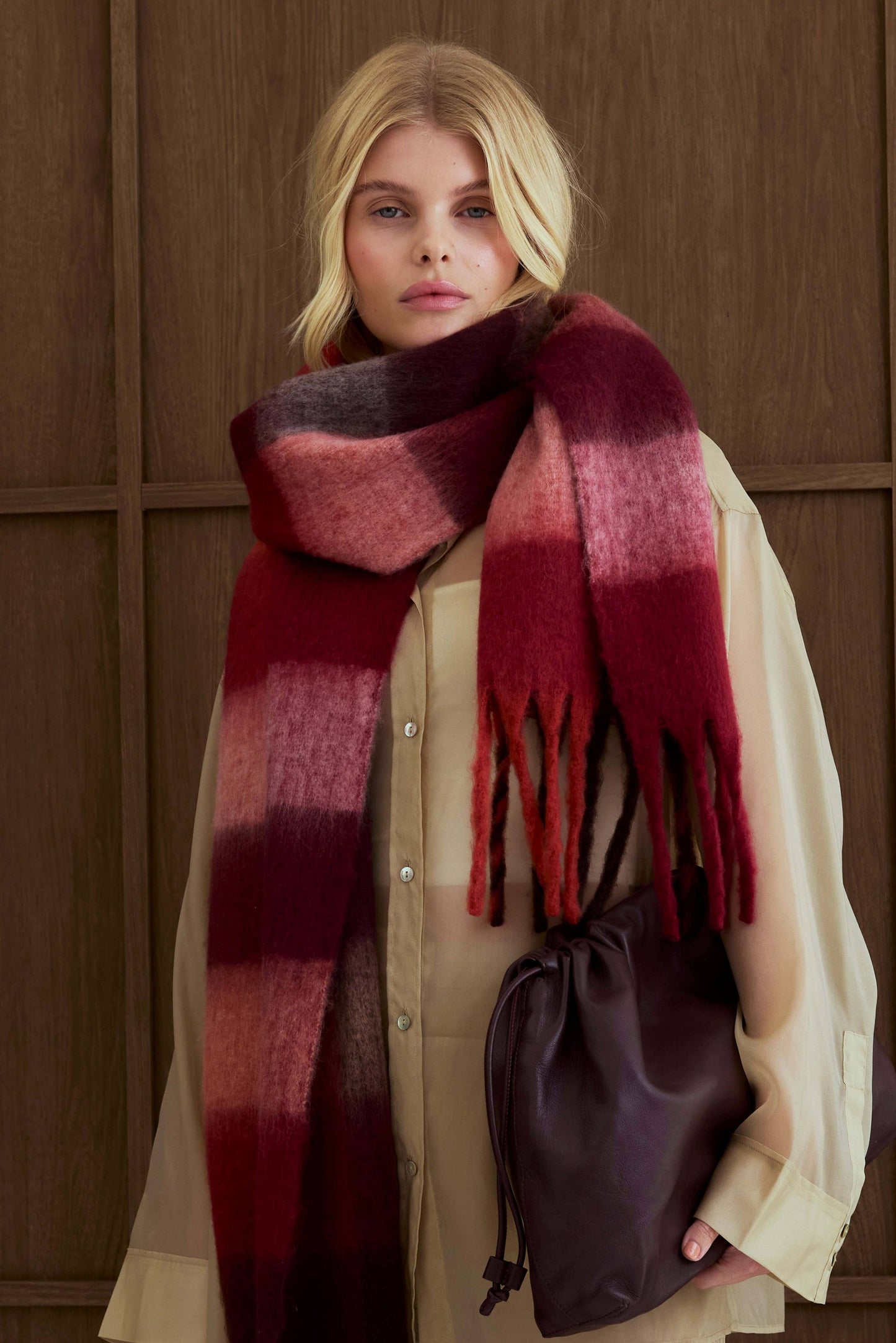 The Reykjavik Scarf - 100% Recycled - Burgundy check - FW25