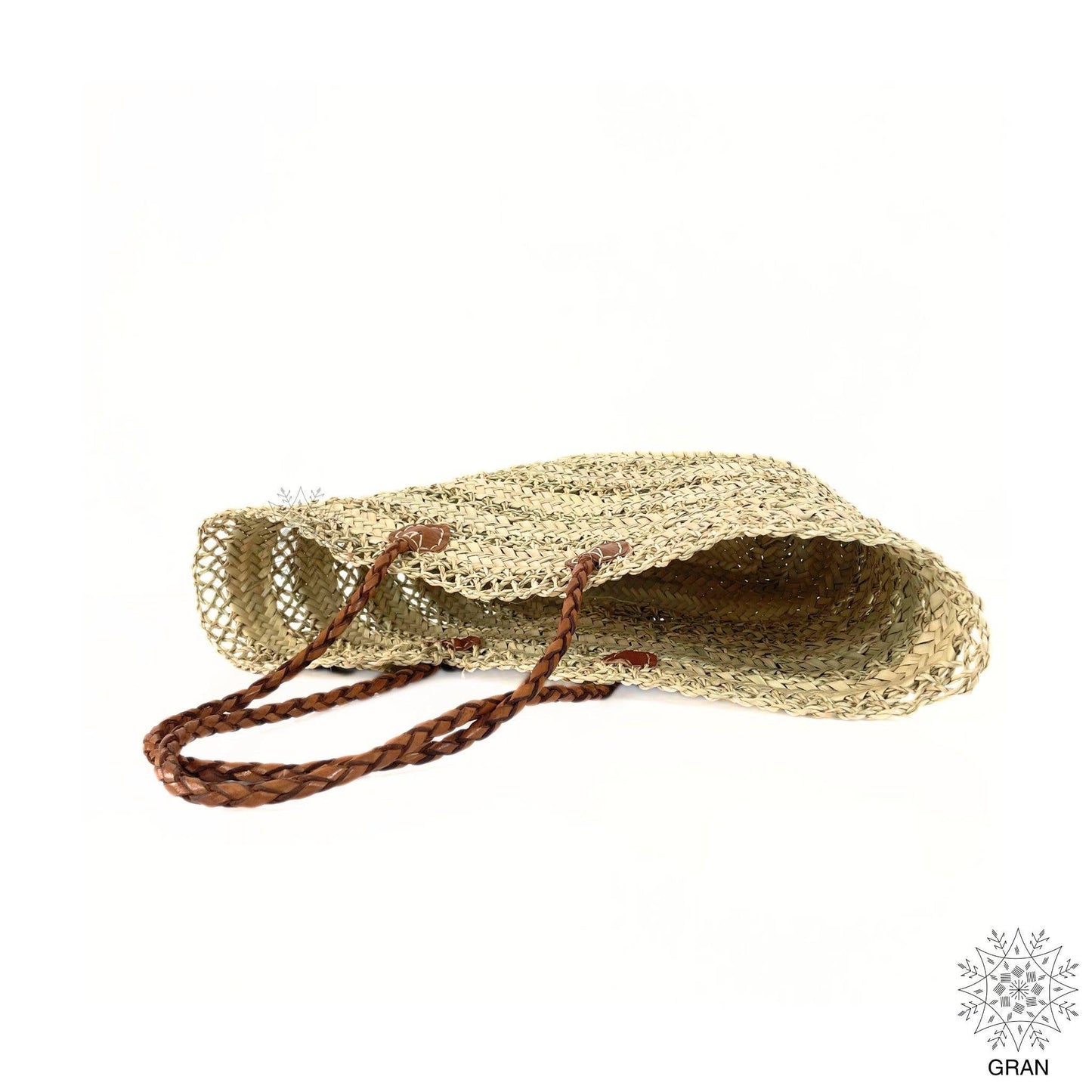 Braided Basket, Straw Market Basket - Beach Bag with Leather: Brown