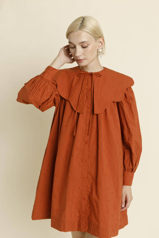 SCALLOP COLLAR MINI DRESS: TERRACOTTA / L