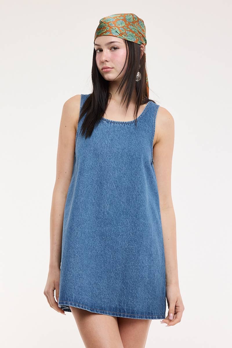 DENIM ROUND NECK MINI DRESS: DENIM / S