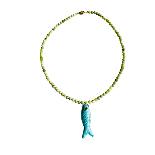 The Big Eye Fish Necklace: Lemon Turquoise with Turquoise Howlite Fish