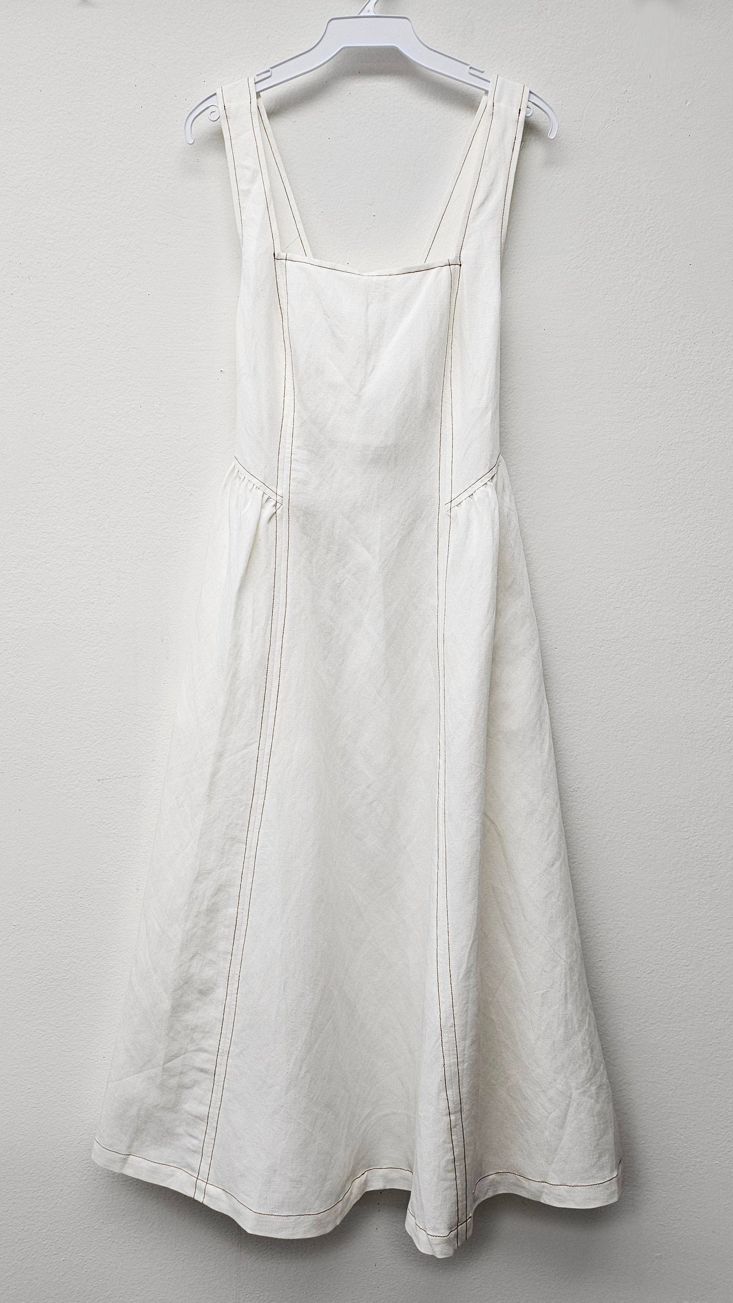 Linen Contrast Stitch Midi Dress: Cream / S