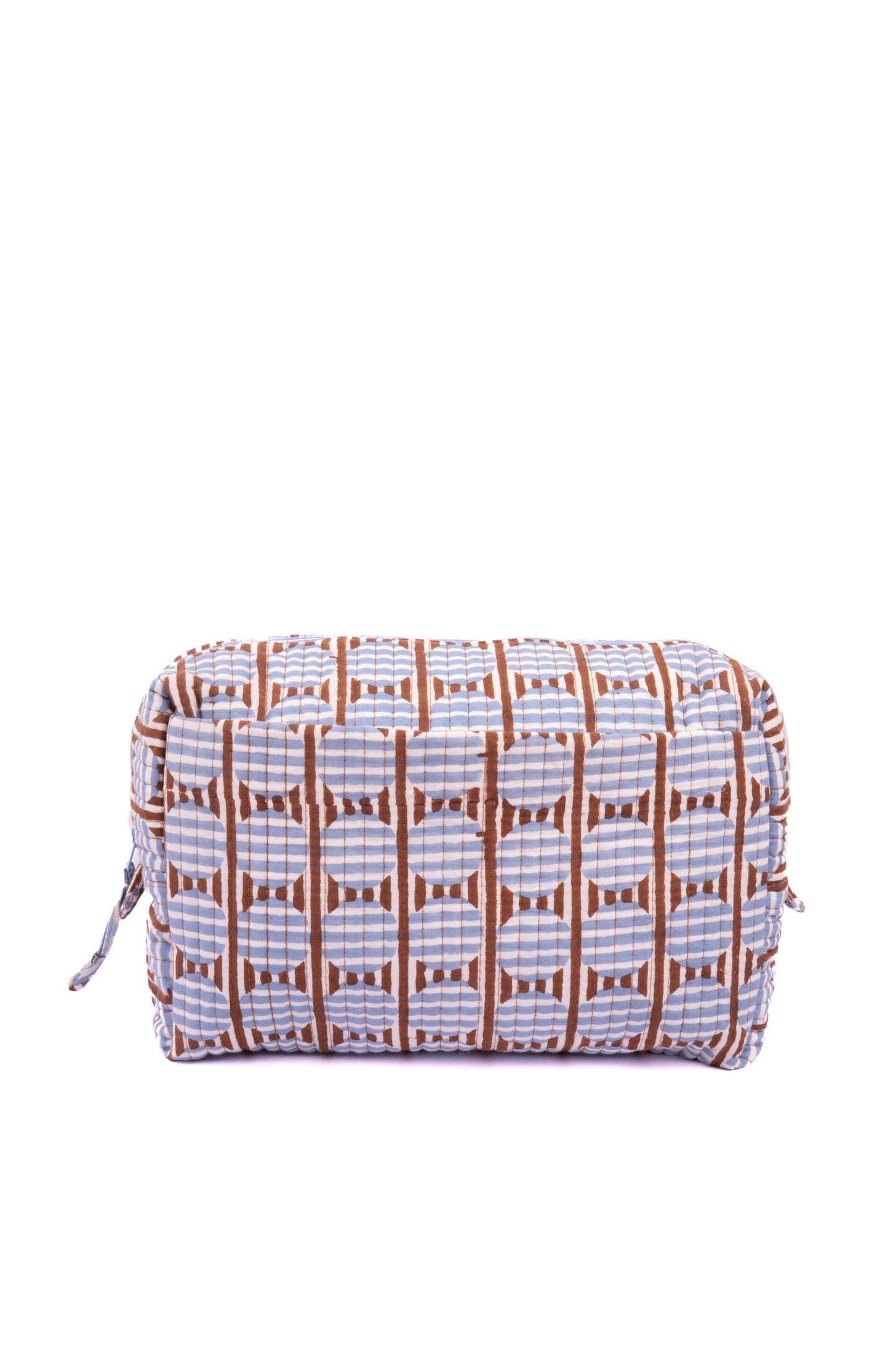 Striped Circles Blockprint Travel Pouch in Brown and Blue (Medium)