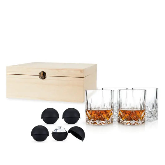 Whiskey Glasses & Ice Sphere Molds Gift Box Set - Set of 8