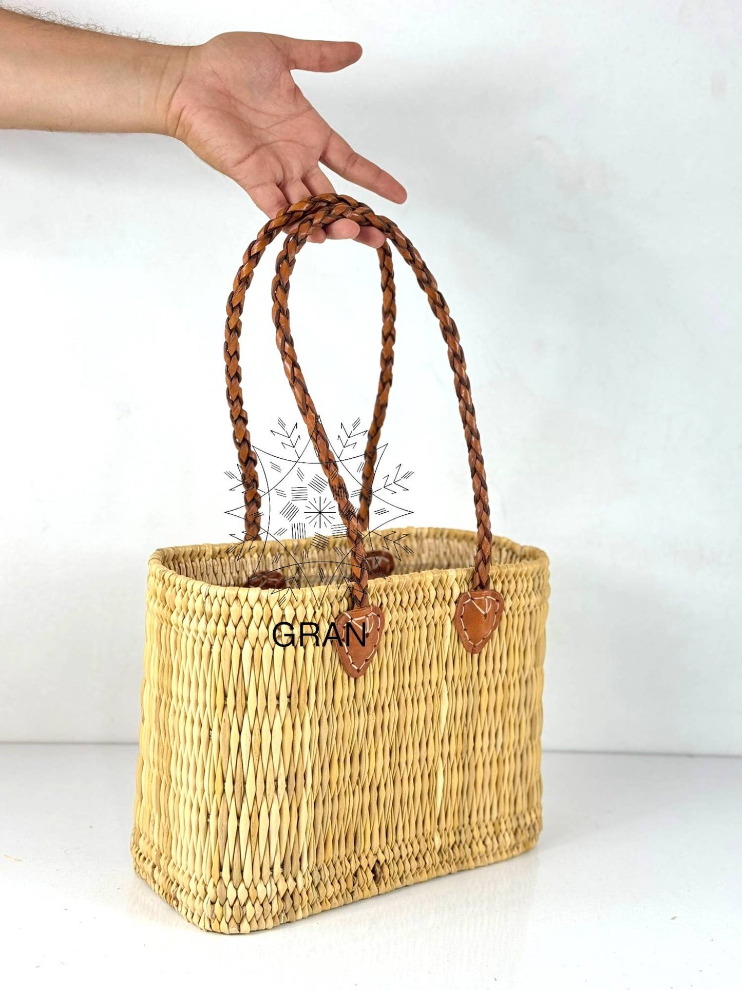 Handwoven Reed Basket with Braided Leather Handles: Small