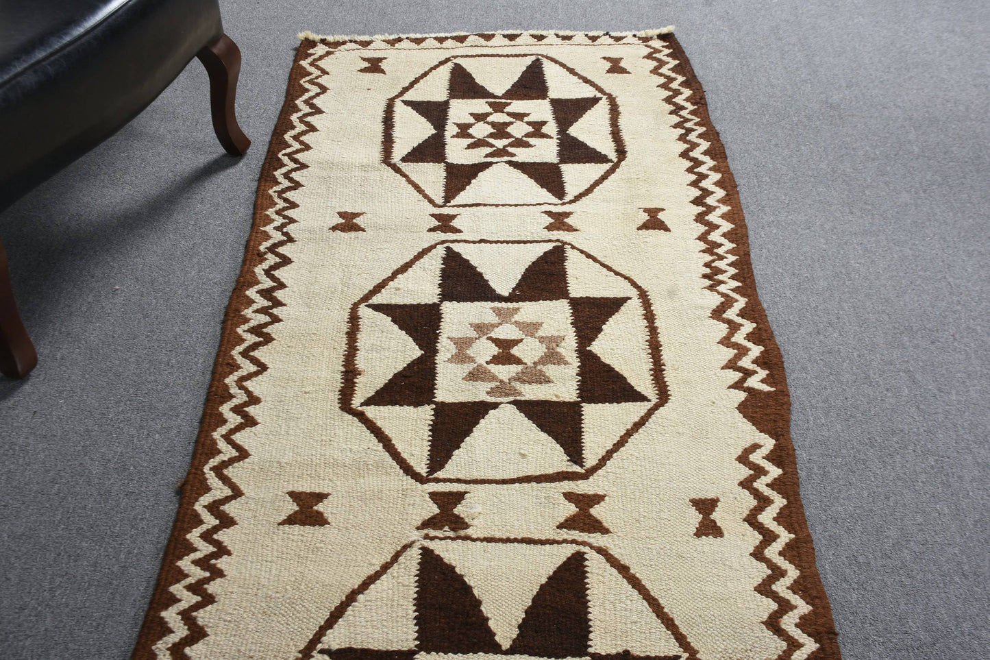Beige & Brown Geometric Rug, 2.9x11.5 Ft Woven Traditional Rug