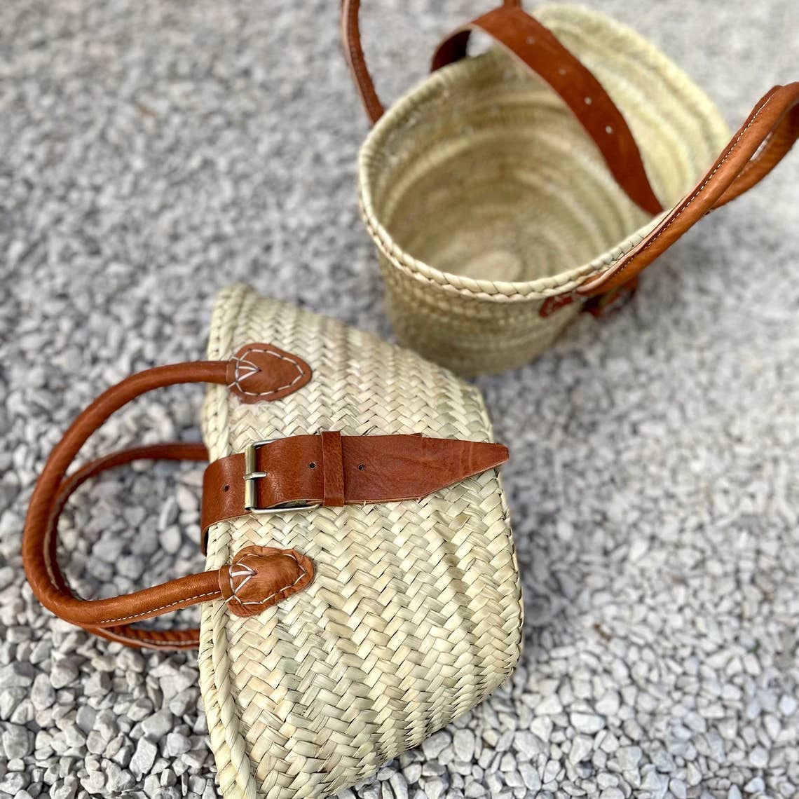 Straw Basket Bag - Brown Leather Buckle & Handle