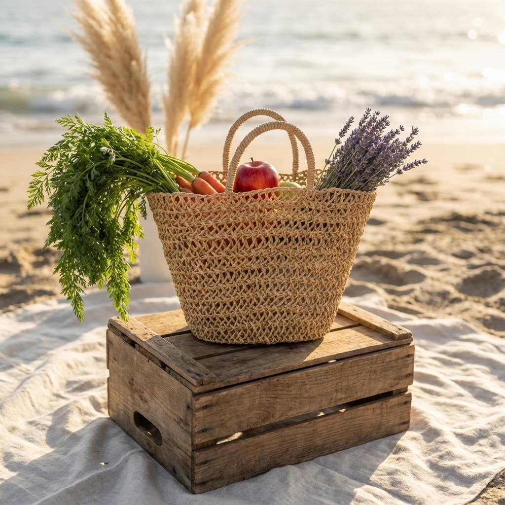 Handwoven Straw Mesh Market Bag Boho Beach Tote Tan