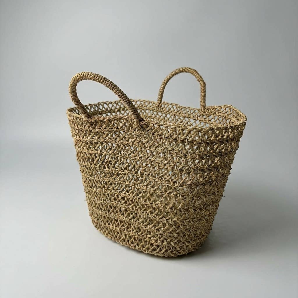 Handwoven Straw Mesh Market Bag Boho Beach Tote Tan