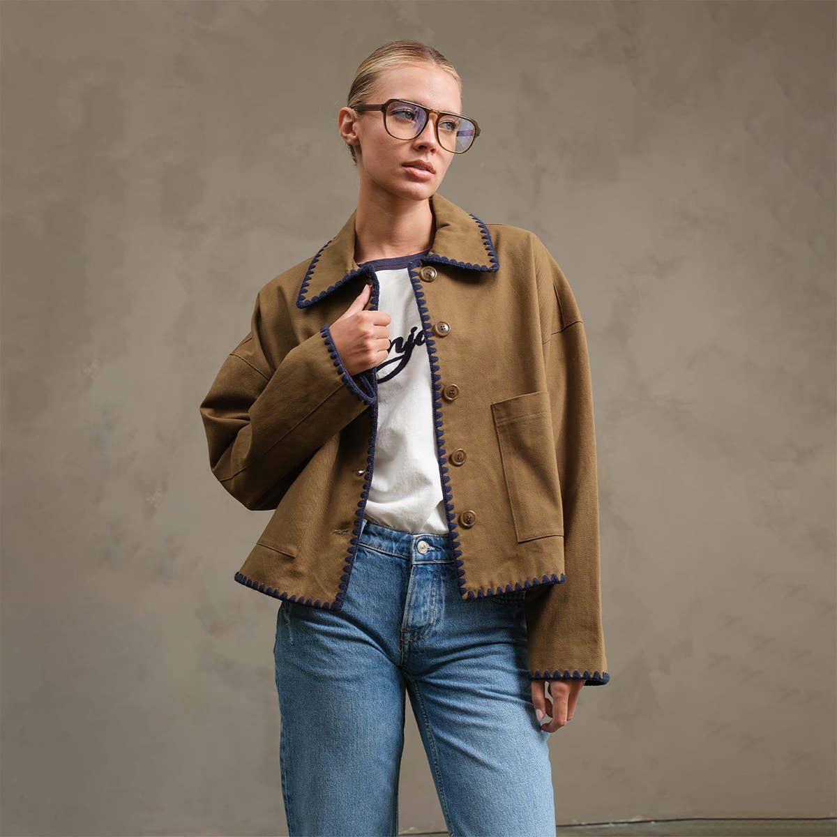 The Ollie Contrast Stitch Jacket - OLIVE