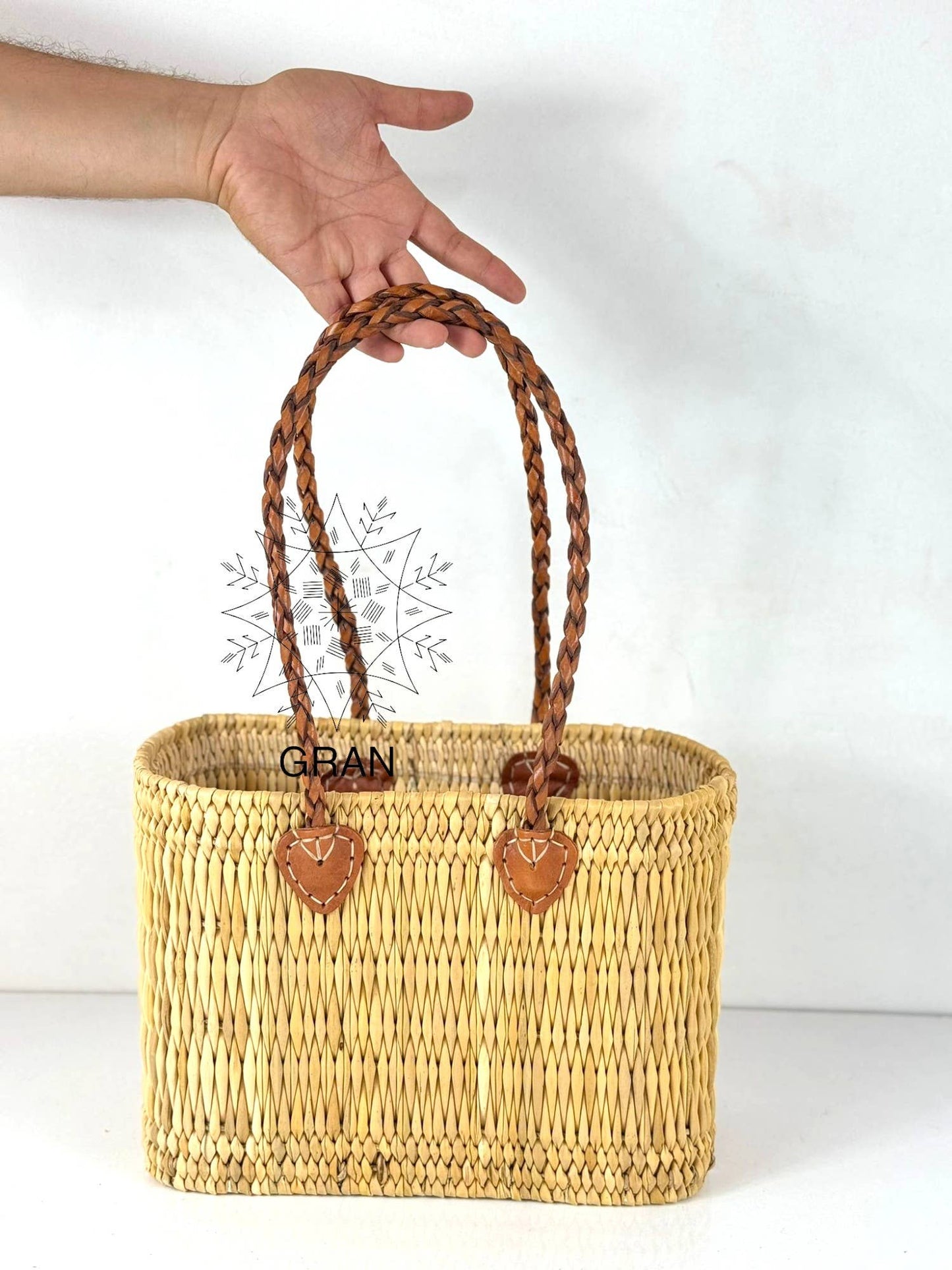 Handwoven Reed Basket with Braided Leather Handles: Small