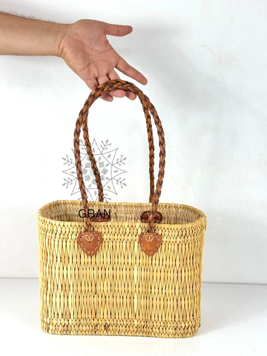 Handwoven Reed Basket with Braided Leather Handles: Small