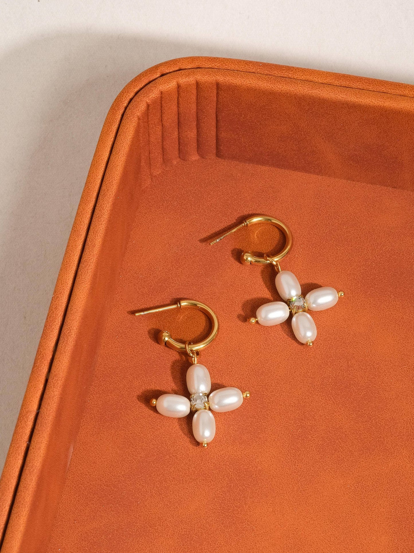 Chaleur Pearl Cross C Hoop Earring: Yellow Gold