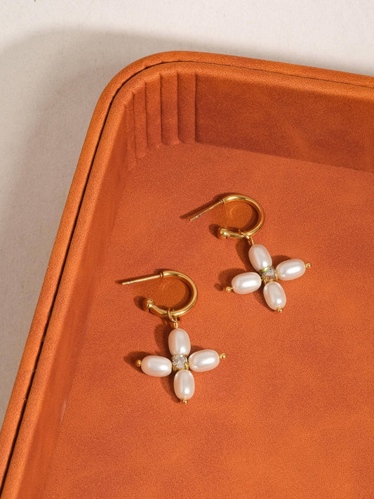 Chaleur Pearl Cross C Hoop Earring: Yellow Gold