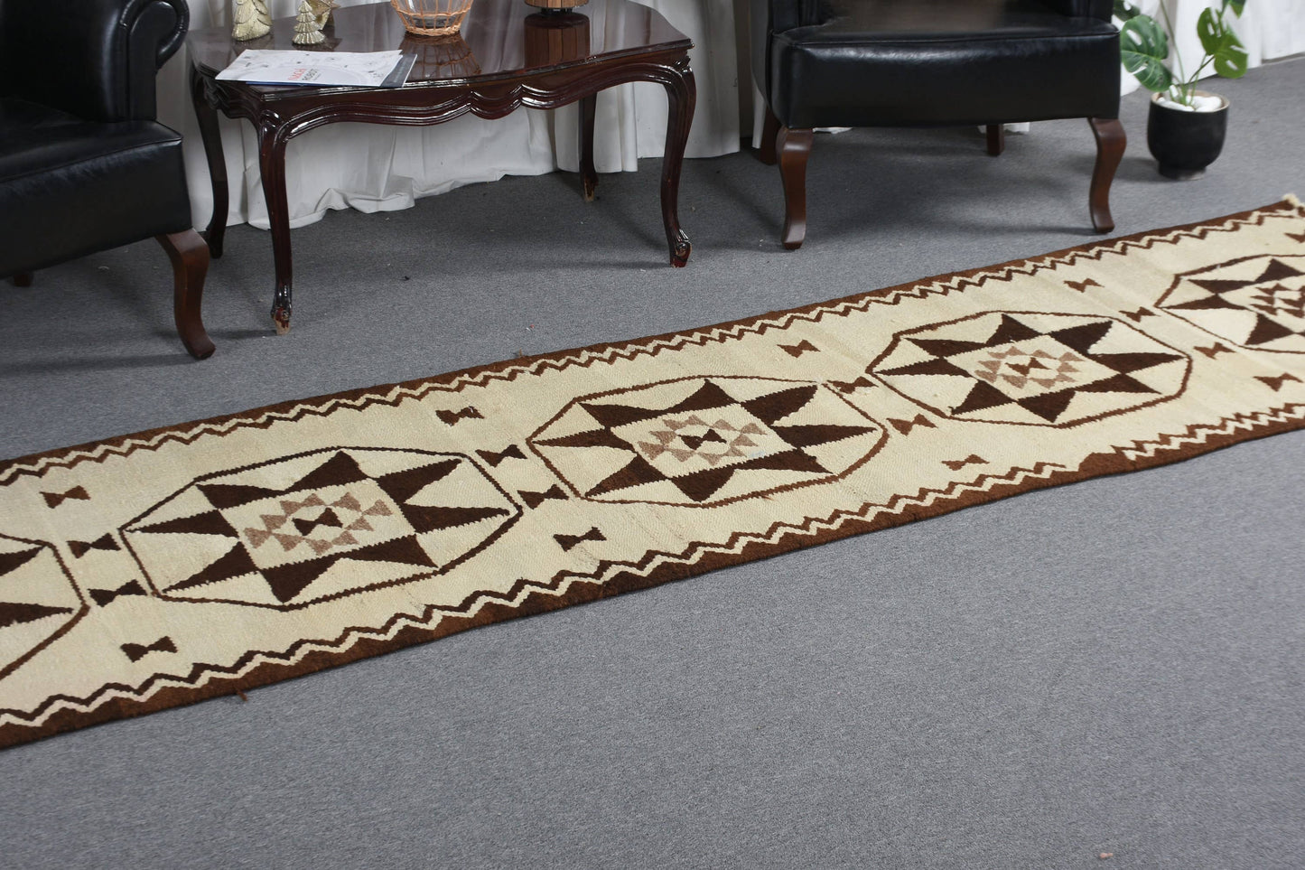 Beige & Brown Geometric Rug, 2.9x11.5 Ft Woven Traditional Rug