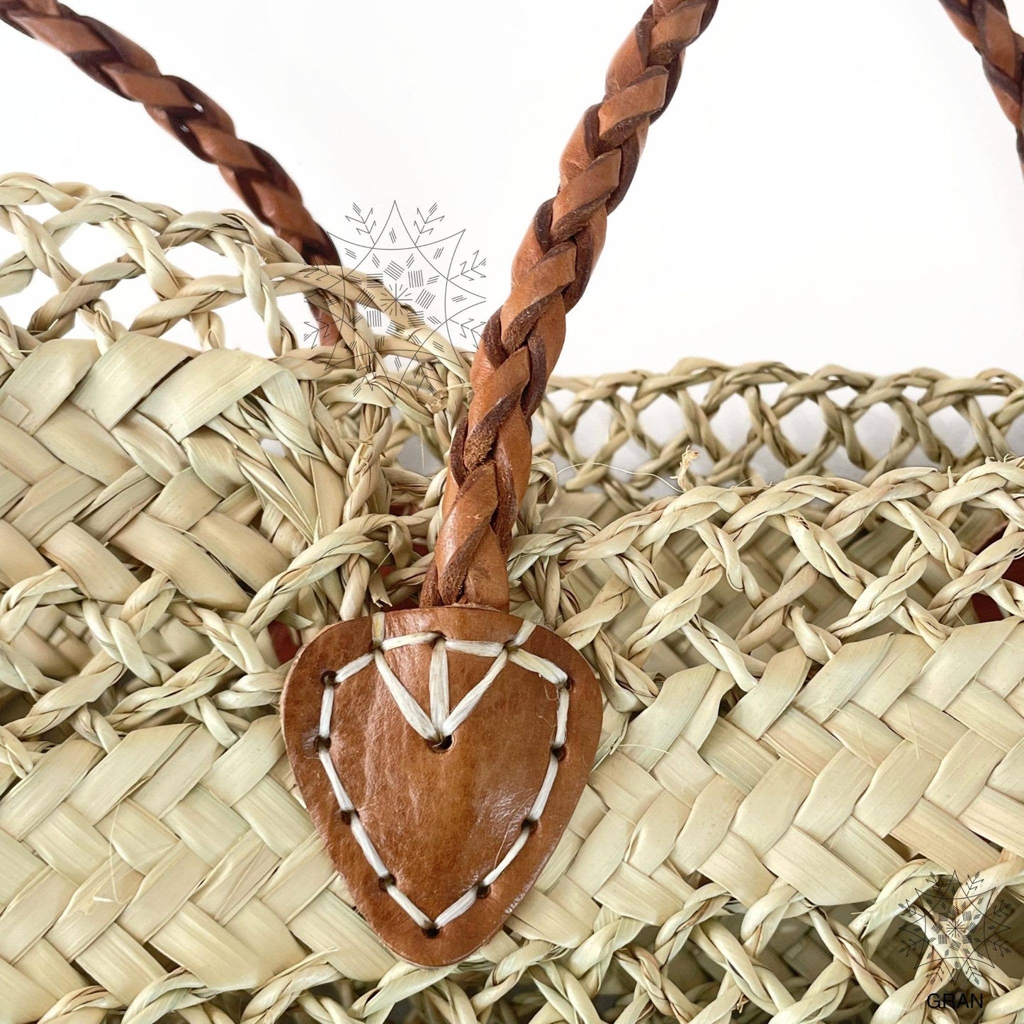 Braided Basket, Straw Market Basket - Beach Bag with Leather: Brown